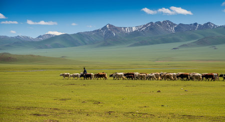 Mongolian grassland with herd of cows in the foreground