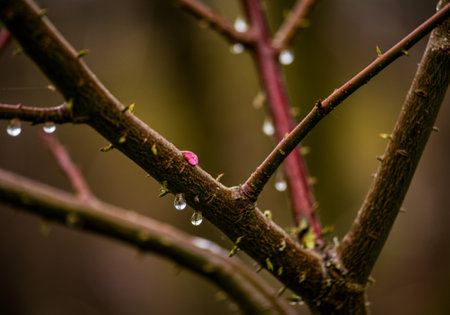 Water droplets on the branch of a tree after rain. Macro