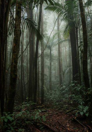 Tropical rainforest in the morning with fog and sun lightの写真素材