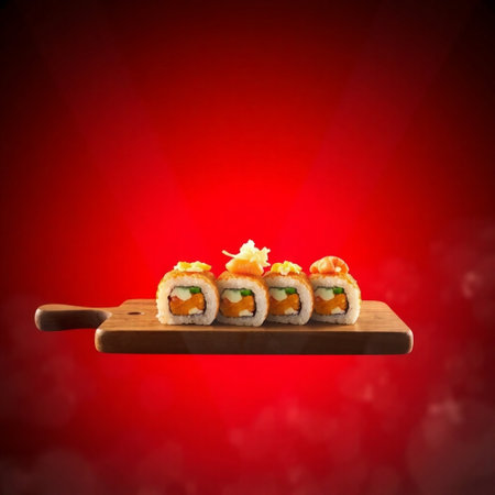 Sushi on a wooden board on a red background with space for textの写真素材