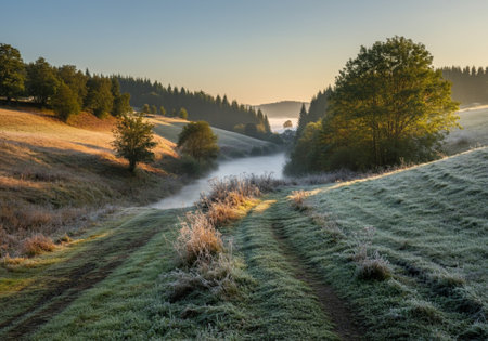 Morning foggy meadow in the mountains of the Czech Republic.の写真素材