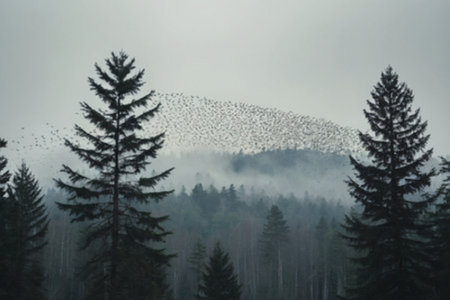 Flock of birds flying over a misty forest in the mountains
