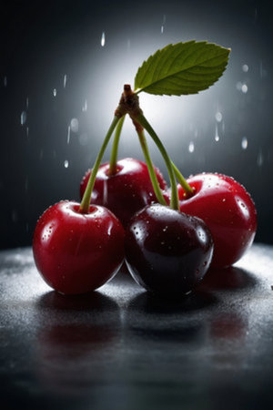 Red cherries with water drops on a black background.の写真素材