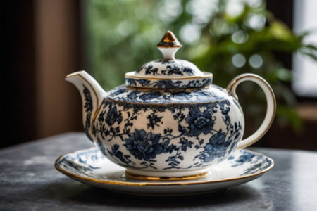tea set on the table in a cafe, close-upの写真素材