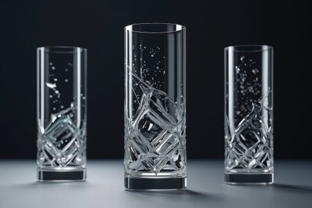 three glasses with ice cubes on black background, close-up view