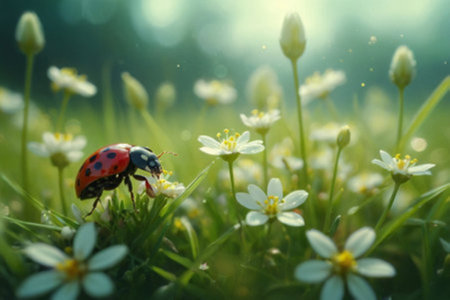 ladybug on green grass with white flowers in the morning lightの写真素材