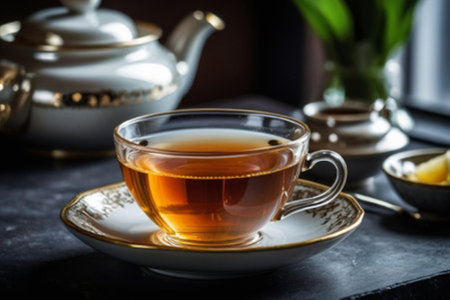 Tea in a cup on a dark background. tinting. selective focusの写真素材