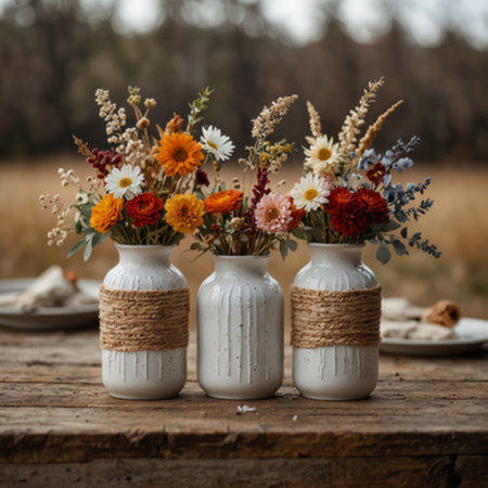 bouquet of dried flowers in vases on a wooden tableの写真素材