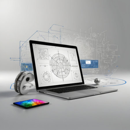 laptop and smart phone on gray background with blueprints, 3d render