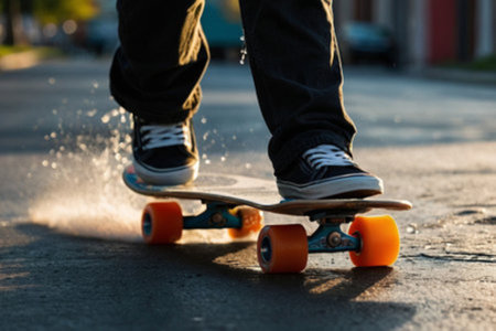 Skateboarder skateboarding on the road at sunset, extreme sportの写真素材