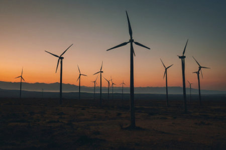 An image of wind turbines at sunset in the desert of South Africa