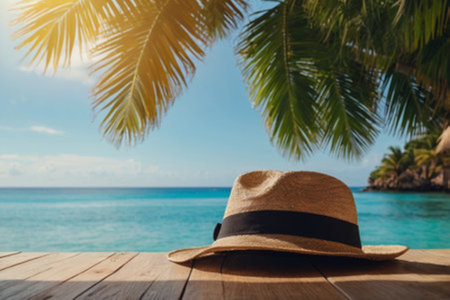 Hat on wooden table in front of tropical beach background. Vacation conceptの写真素材