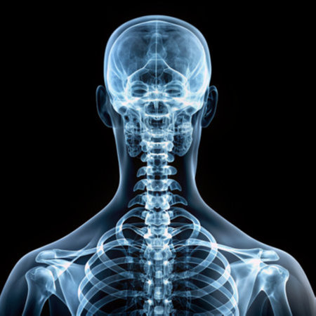 X-ray image of human head with neck on black background