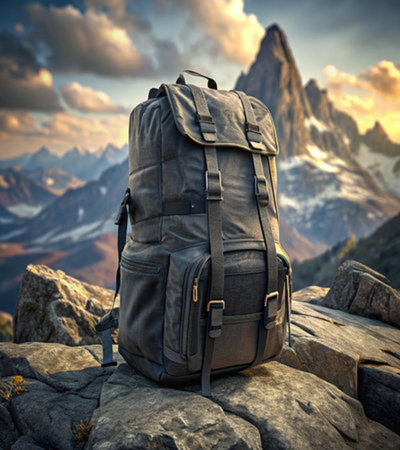 Hiking backpack on the rocks in the mountains. Trekking concept.