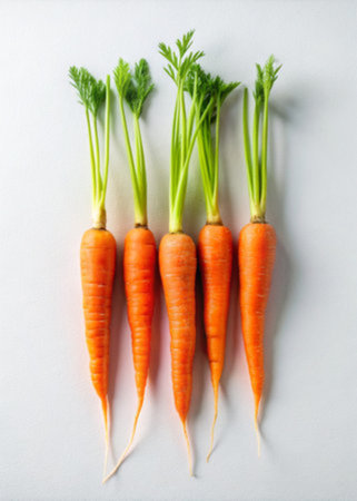 Bunch of fresh carrots with green leaves on white background, top view