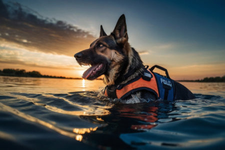German shepherd swimming in a lake at sunset, wearing a life jacket