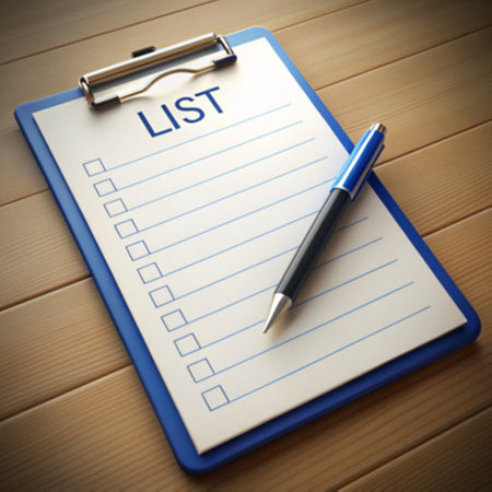 Lit list on clipboard and pen on wooden table. Business conceptの写真素材