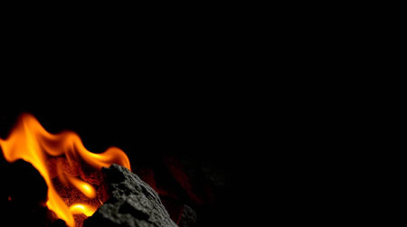 Burning coals isolated on black background with copy space for textの写真素材