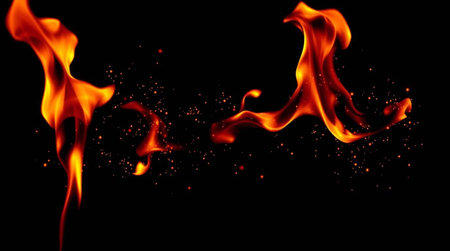 Real fire flames isolated on black background. Abstract fire flames background.の写真素材