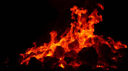 Flames of a bonfire on a black background close-upの写真素材