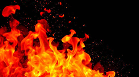 Fire flames on black background, abstract fire flames isolated on black backgroundの写真素材