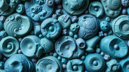 Turquoise seashells as a background. Top view.