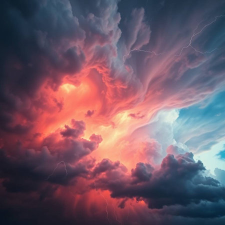 Beautiful stormy sky with glowing clouds. Abstract nature background.の写真素材