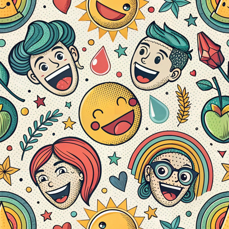 Seamless pattern with funny cartoon faces. Hand drawn vector illustration.の写真素材
