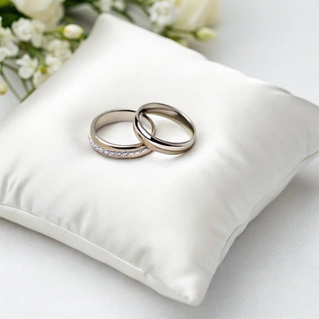 Wedding rings on a pillow with a bouquet of flowersの写真素材