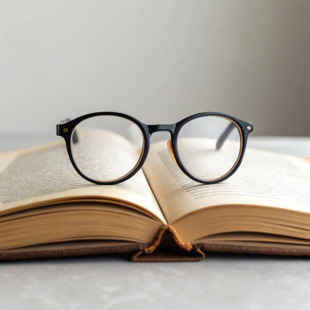 Glasses on an open book on a gray background, close up