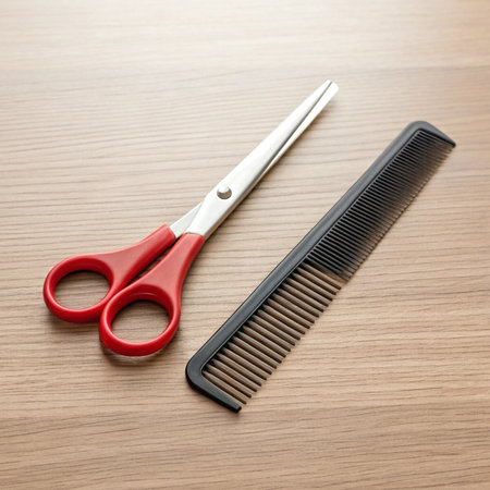 Scissors and comb on wooden background. Hairdresser tools.の写真素材