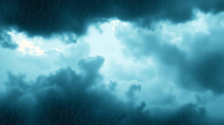 Rainy clouds with raindrops on a blue sky. 3d illustrationの写真素材