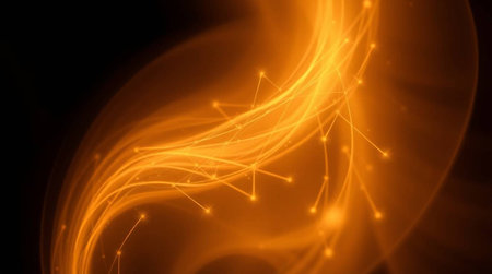 Abstract orange background with glowing lines and dots. 3d rendering.