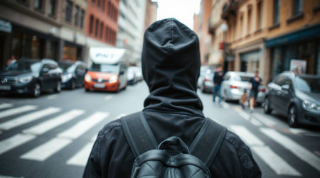 Hooded man with backpack crossing the street in the city.の写真素材