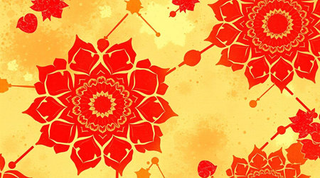 red mandala on grunge yellow background with place for your textの写真素材