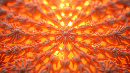 A macro shot of a snowflake on an orange background with a blurred background.