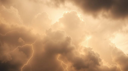 Stormy sky with lightning in the evening, closeup of photoの写真素材