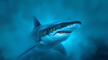 Great White Shark in the dark blue foggy water. 3D illustrationの写真素材