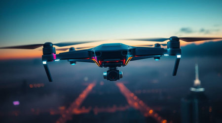 Drone flying over the city at sunset. Drone flying over the city.の写真素材