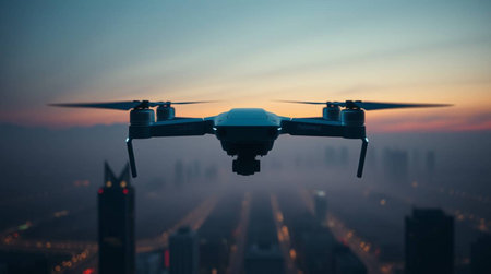 Drone with digital camera flying over the city at sunset. Selective focus