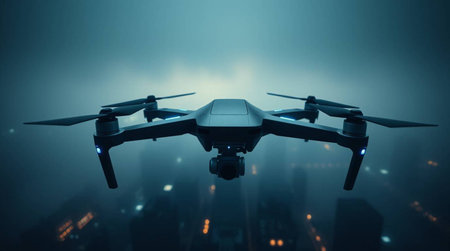 Drone with digital camera flying in foggy city. 3D rendering