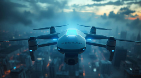 Drone flying over the city. 3D render of drone flying over the city.