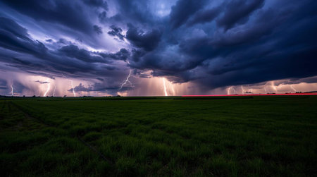 Thunderstorm over the rice field at night. Storm clouds and lightningの写真素材