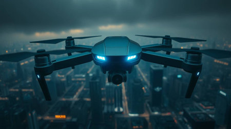 Drone with digital camera flying over city at night. 3D renderingの写真素材
