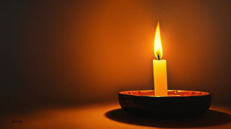 Candle in the dark with orange background and space for your textの写真素材