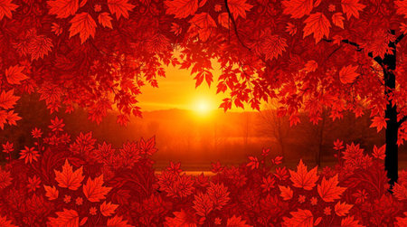 Maple autumn leaves background in red and orange colors with copy spaceの写真素材