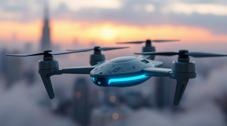 Drone with digital camera flying over the city. 3d illustrationの写真素材