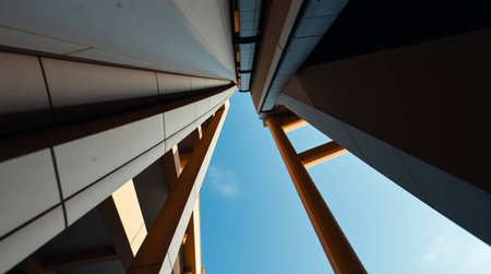 Looking up at the sky through the window of a modern office buildingの写真素材