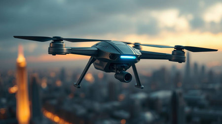 Drone with digital camera flying over the city. 3d renderingの写真素材