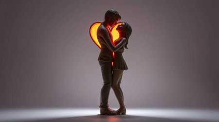 Woman in love with heart shaped light bulb, 3d renderingの写真素材